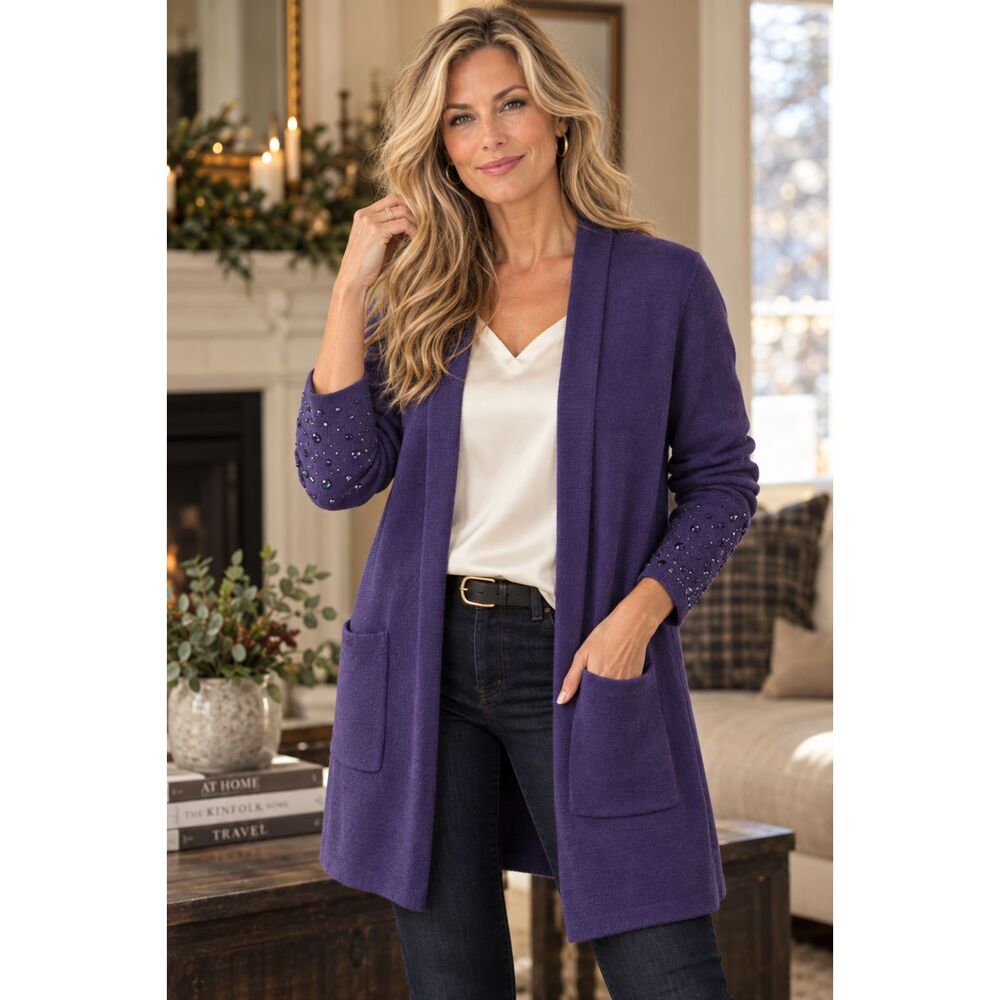 Chicos Open Front Cardigan Sweater Womens 2 L Purple Diamante Sleeve NWT